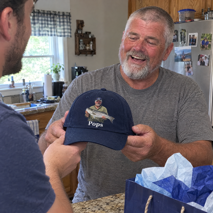 Son gives dad a custom photo fishing cap on Father's Day