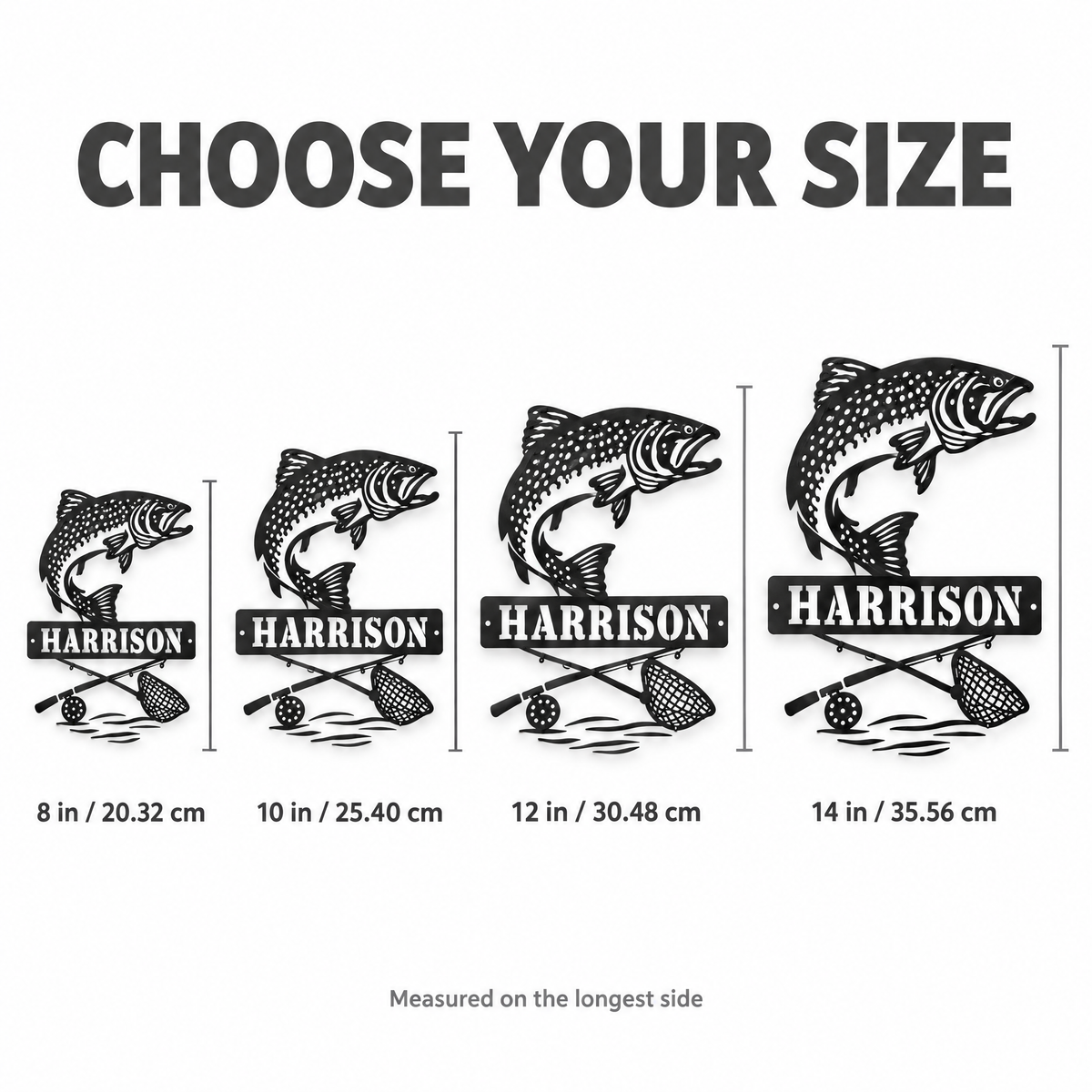 Salmon name sign size chart 8 10 12 14 inches