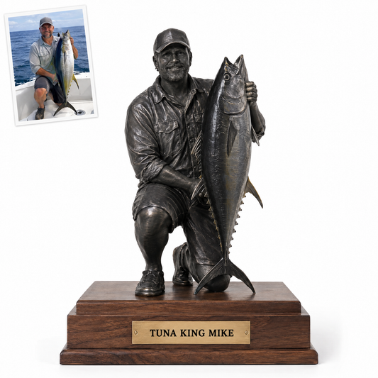 Black metal-style angler statue with yellowfin tuna, TUNA KING MIKE plate