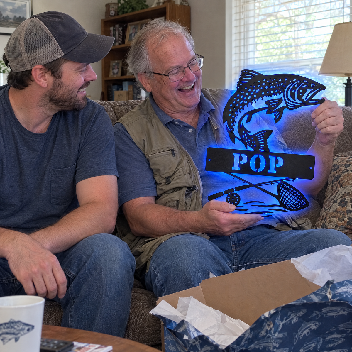 Dad opens POP salmon LED sign with his son on Father's Day