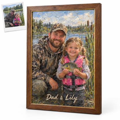 Oil painting of dad and daughter with bluegill, Dad & Lily
