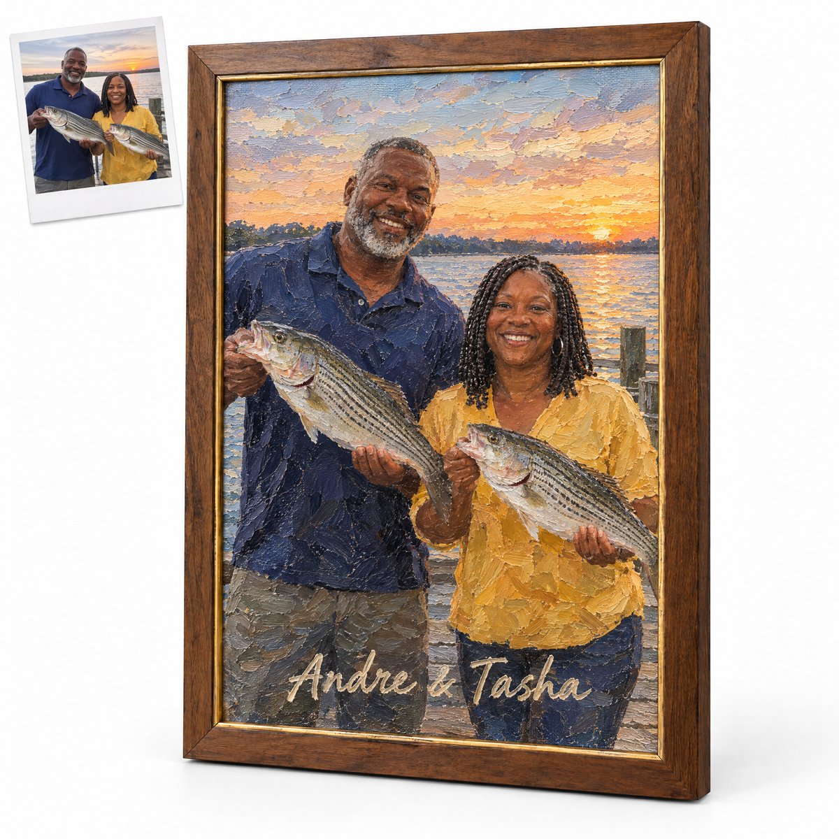 Oil painting of couple with striped bass, Andre & Tasha