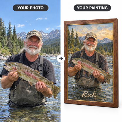 Trout fishing photo turned into framed oil painting named Rick