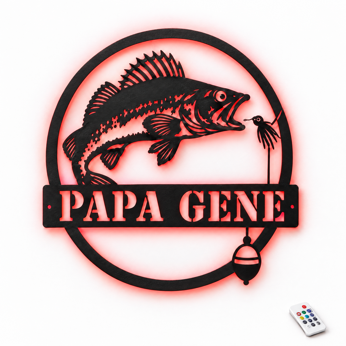 Walleye metal sign PAPA GENE with red LED backlight