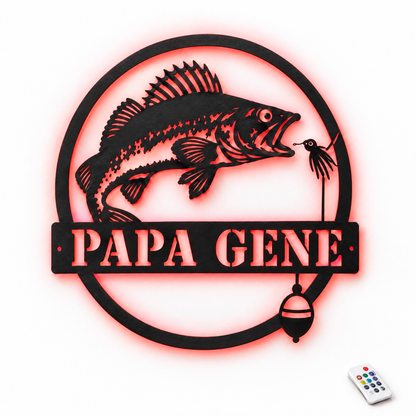 Walleye metal sign PAPA GENE with red LED backlight