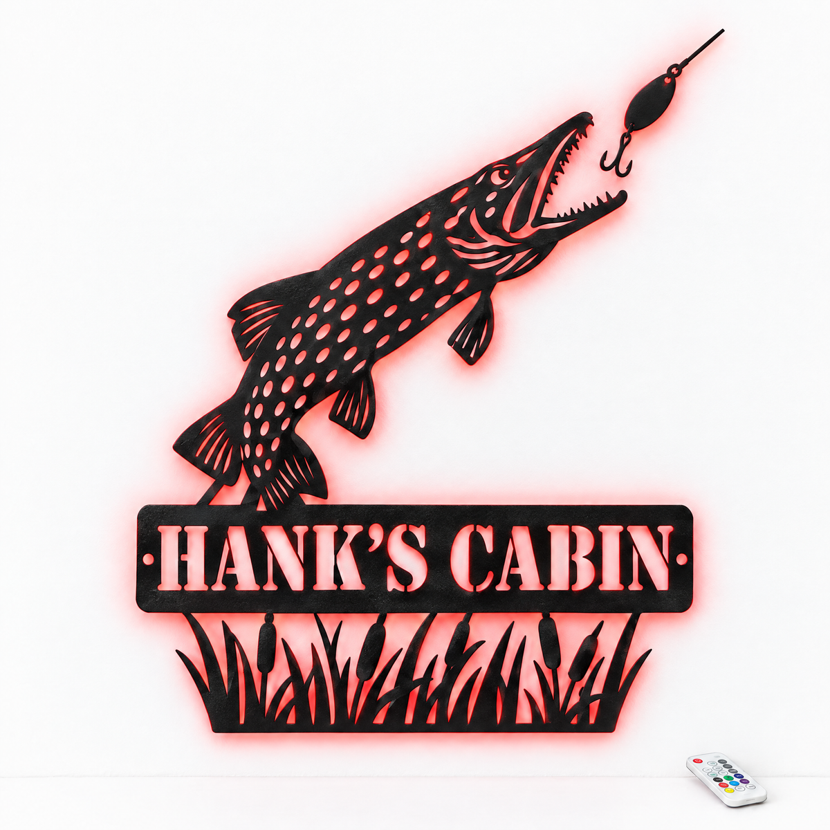 Pike metal sign HANK'S CABIN with red LED backlight