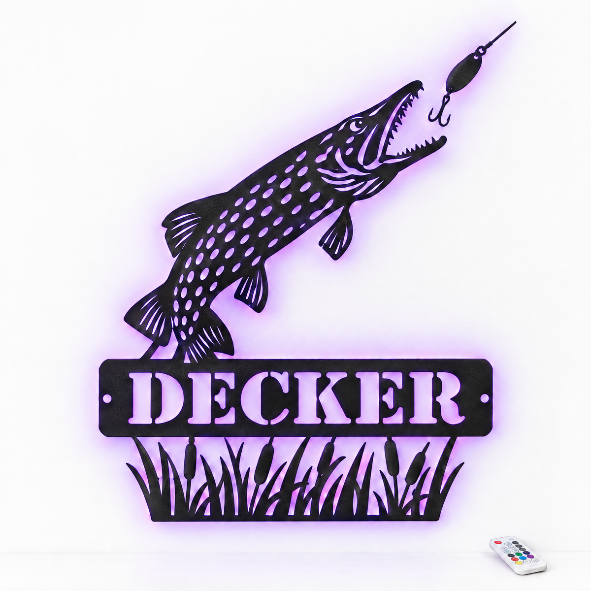 Pike metal sign DECKER with purple LED backlight