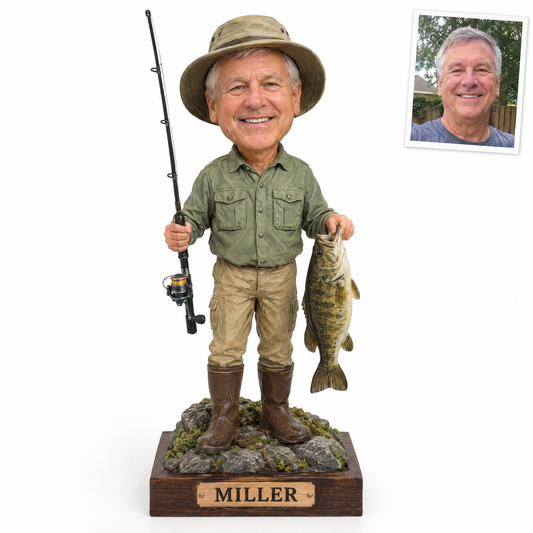 Custom fishing portrait figurine with smallmouth bass on wood base, name MILLER