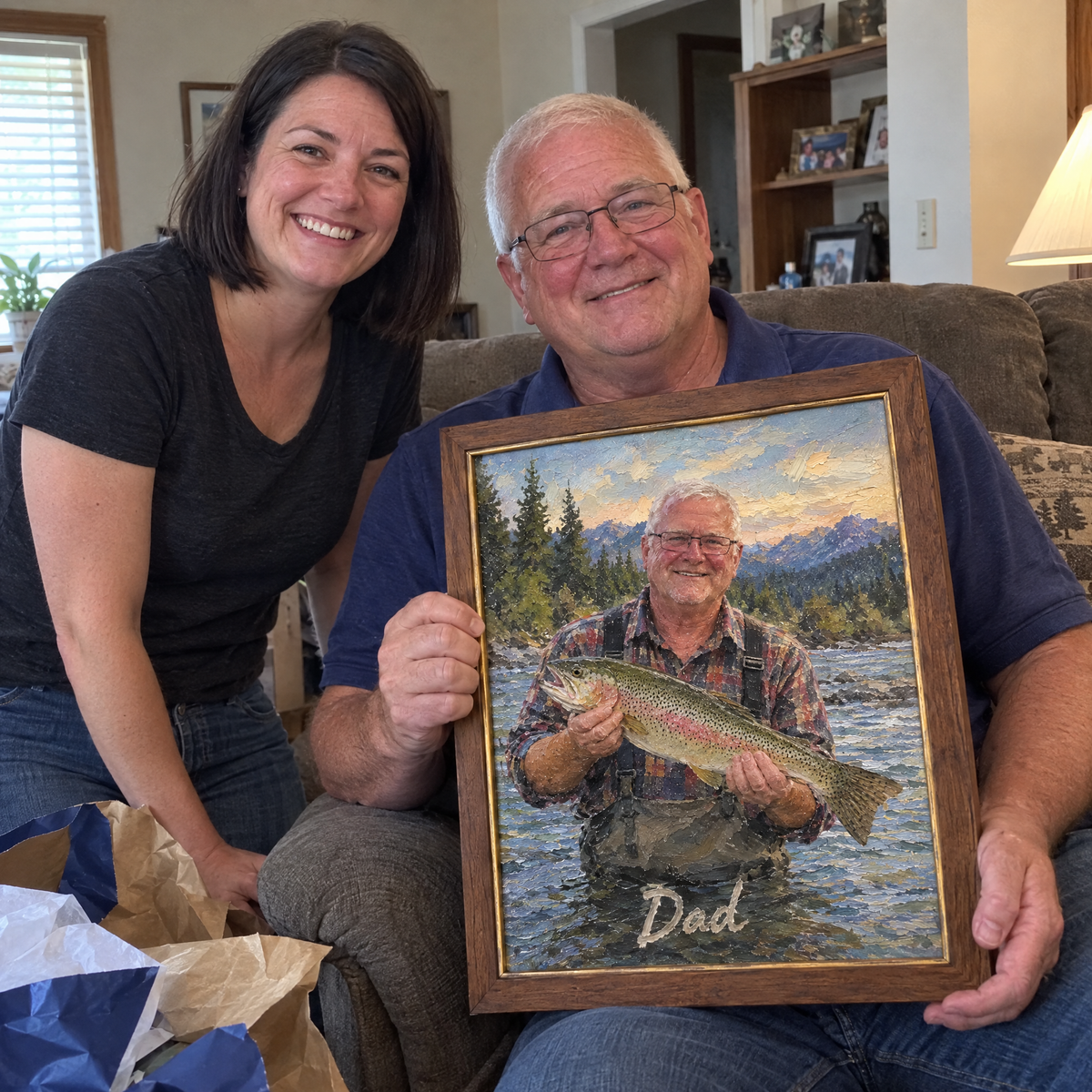 Daughter gives dad framed fishing oil painting on Father's Day