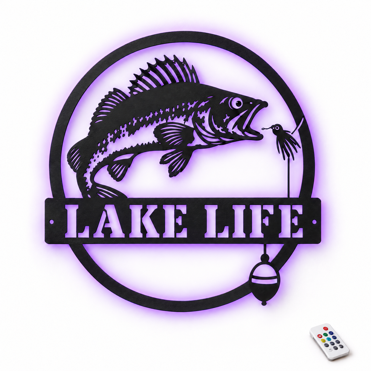Walleye metal sign LAKE LIFE with purple LED backlight