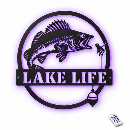 Walleye metal sign LAKE LIFE with purple LED backlight
