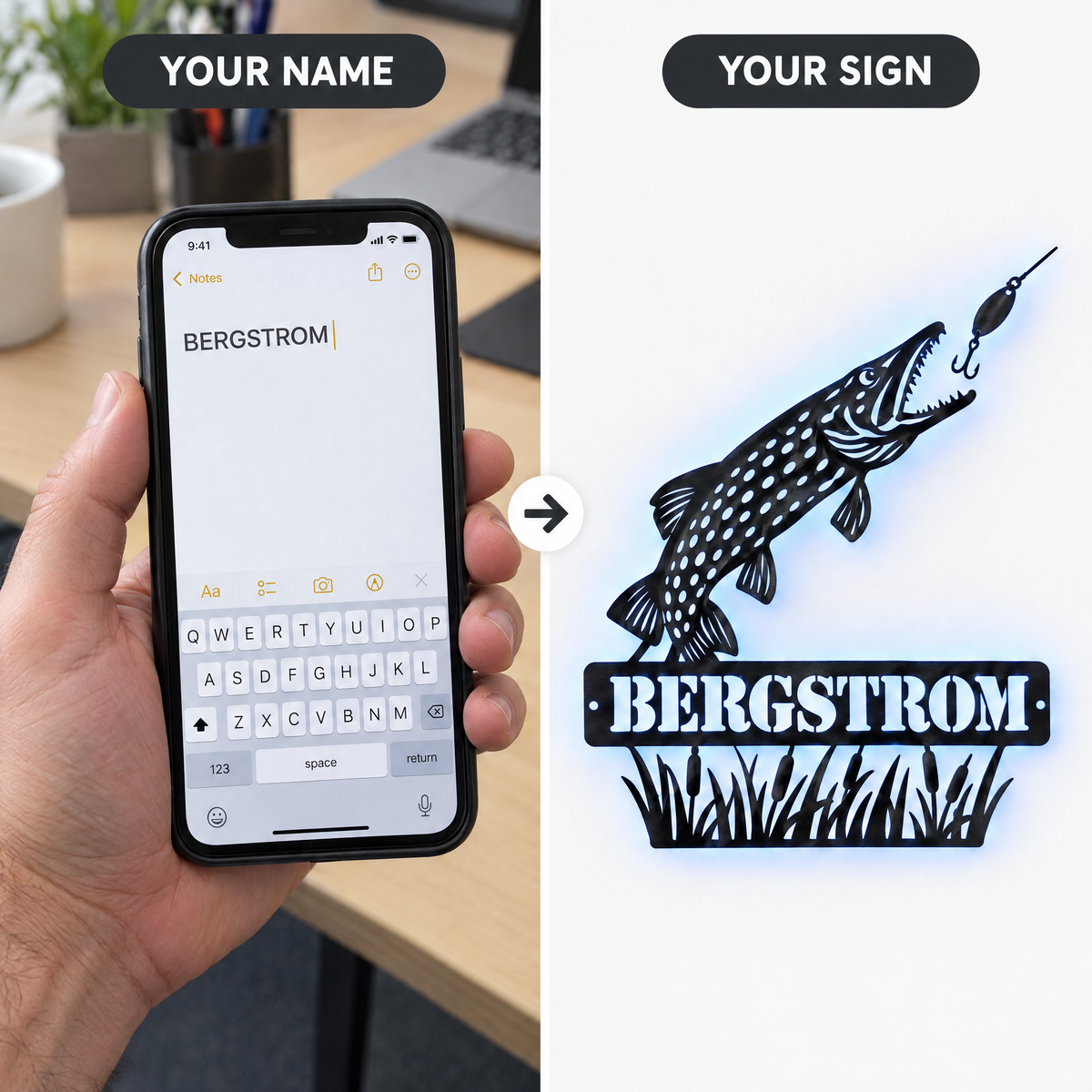 Typed name BERGSTROM on phone beside finished pike LED sign