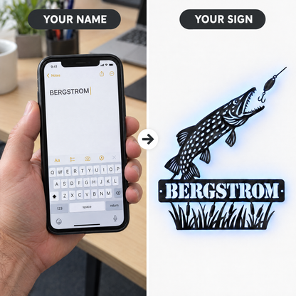 Typed name BERGSTROM on phone beside finished pike LED sign