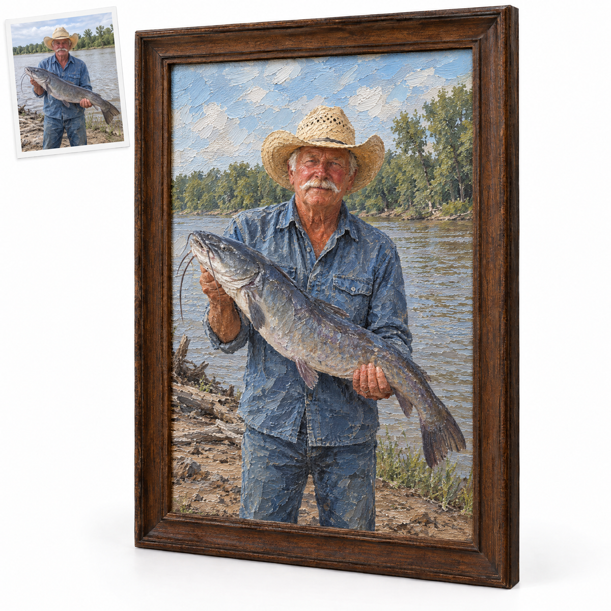 Oil painting of grandpa in cowboy hat with blue catfish