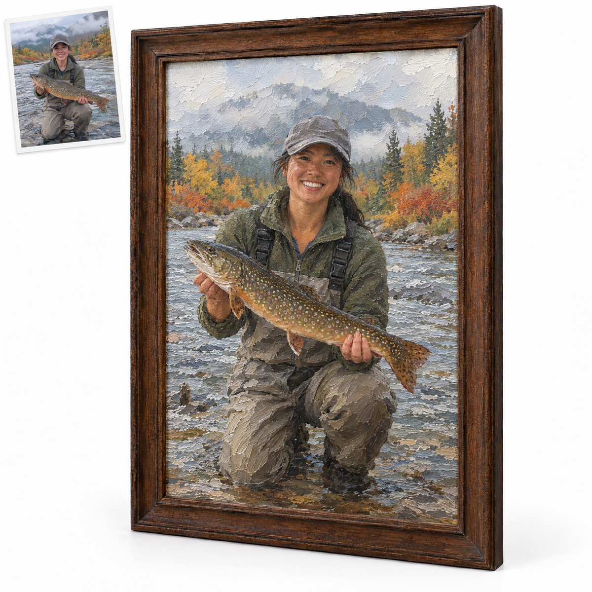Oil painting of woman angler with brook trout in autumn stream