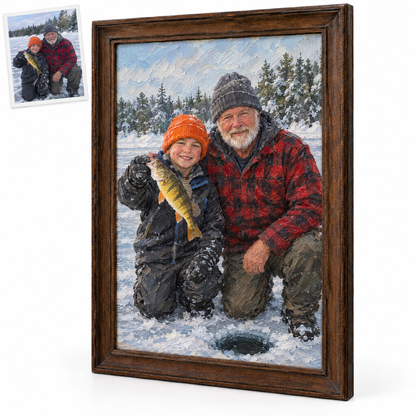 Oil painting of grandpa and grandson ice fishing with perch