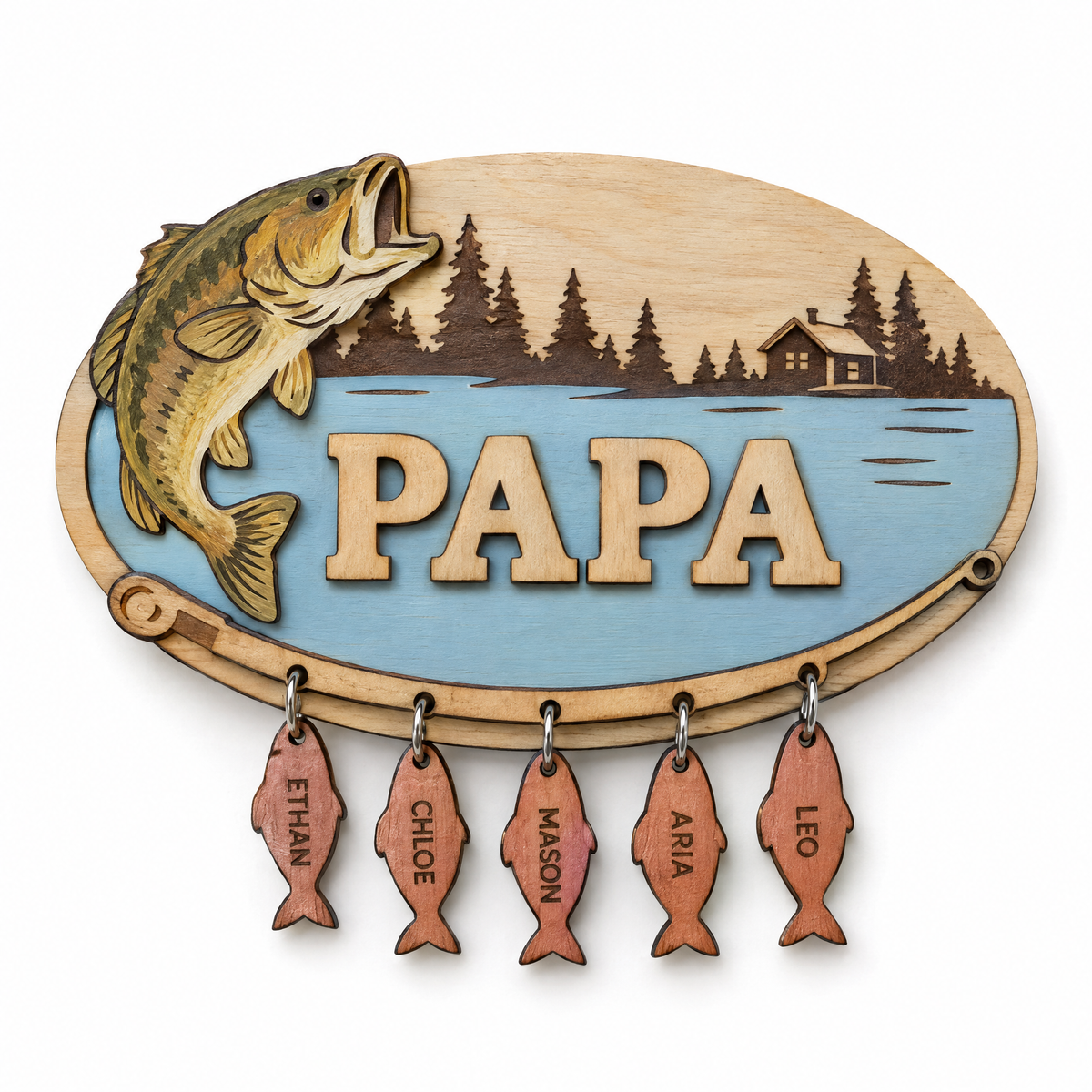 Layered wooden lake-scene fishing plaque PAPA with five hanging fish name tags