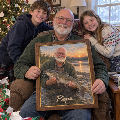 Grandpa holds his catfish oil painting with grandkids at Christmas