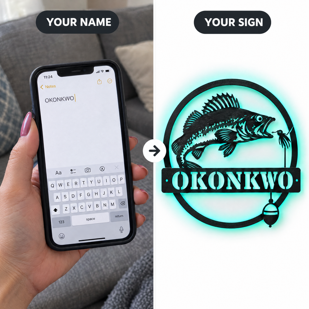 Typed name OKONKWO on phone beside finished walleye LED sign