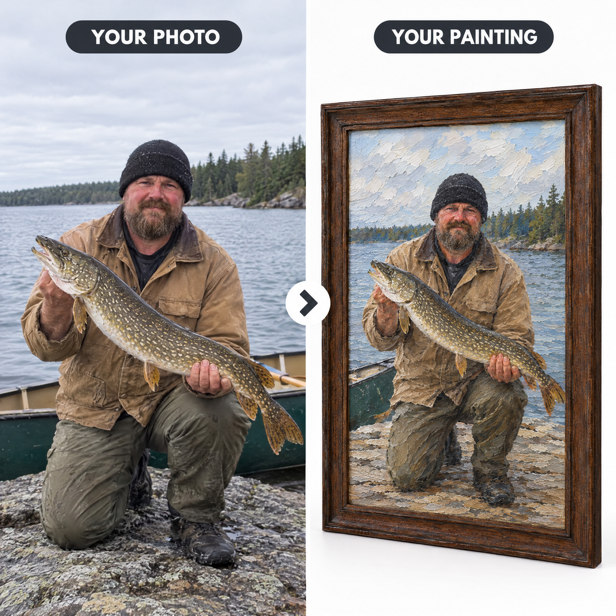 Lake trout photo turned into framed oil painting
