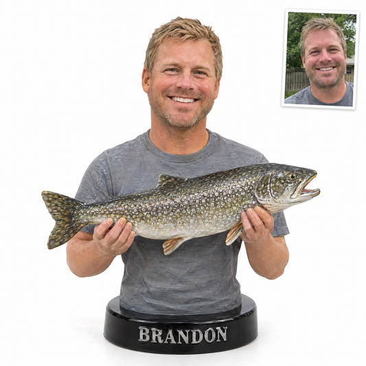 Face photo big catch bust figurine with lake trout, name BRANDON