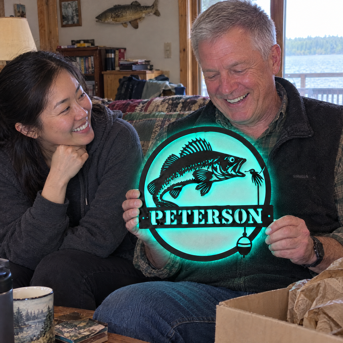 Daughter watches dad hold lit PETERSON walleye sign at the lake cabin