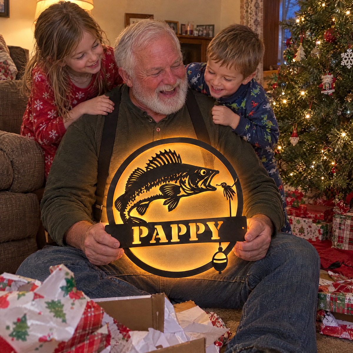 Grandkids hug grandpa holding glowing PAPPY walleye sign at Christmas
