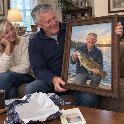 Wife surprises husband with fishing oil painting for retirement