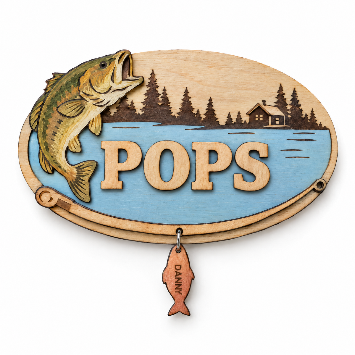 Wooden fishing plaque POPS with one fish name tag