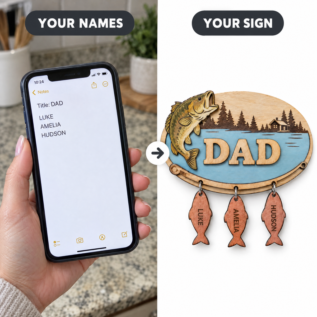 Typed title and names on phone beside finished wooden DAD fishing plaque
