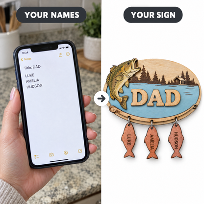 Typed title and names on phone beside finished wooden DAD fishing plaque