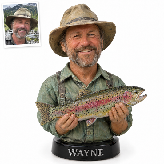 Trout angler face photo bust figurine with rainbow trout, name WAYNE