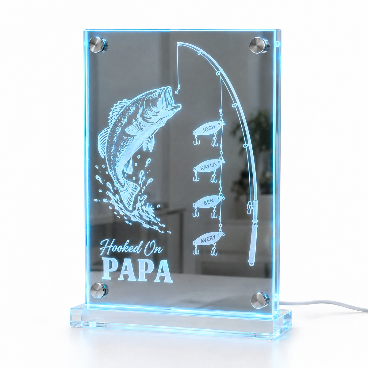Fishing LED mirror light Hooked On PAPA with four name lures lit aqua blue