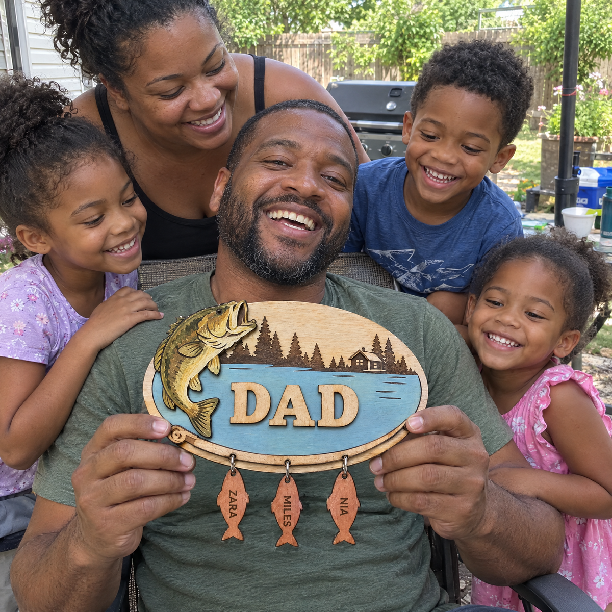 Family surrounds dad holding DAD fishing plaque on Father's Day patio