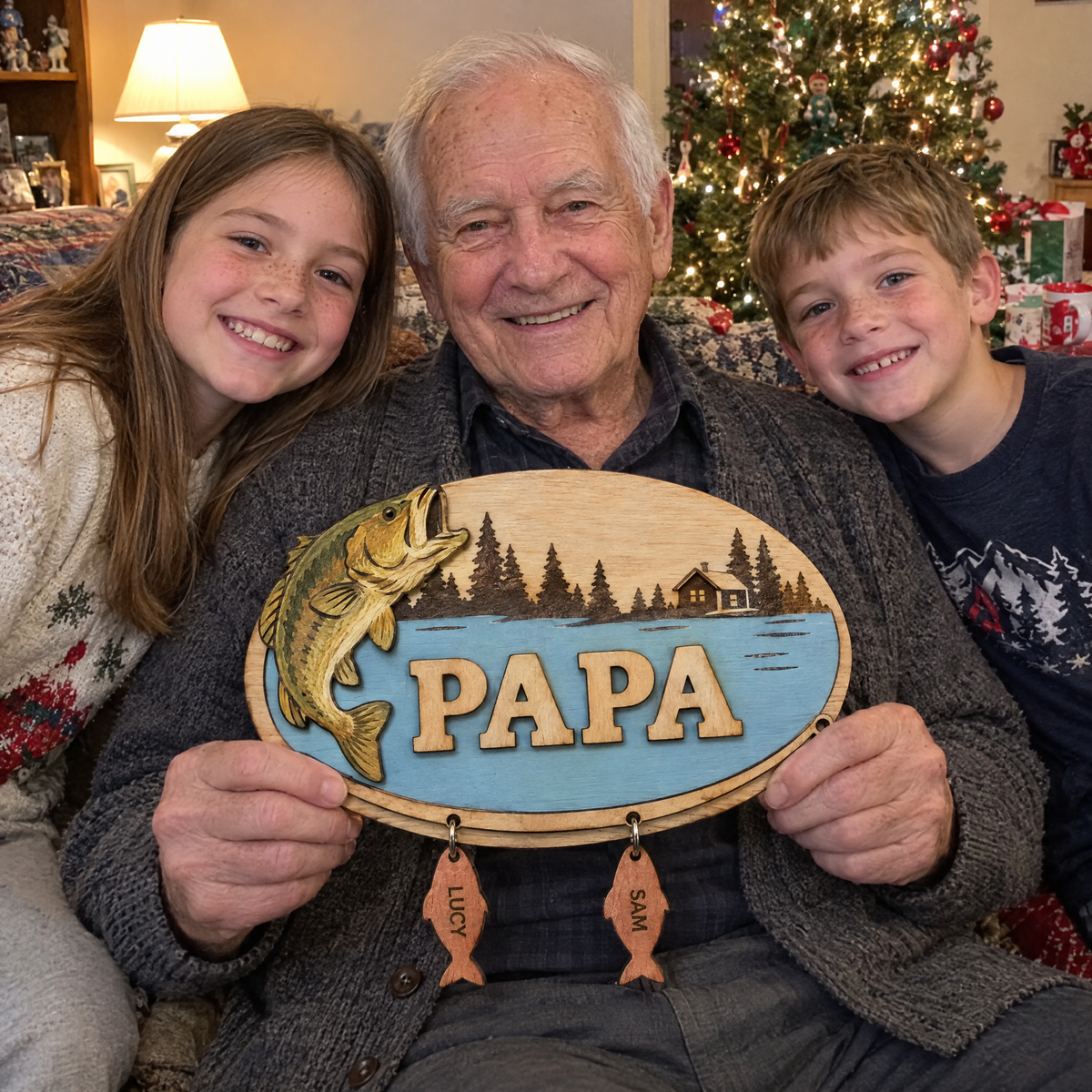 Grandpa with grandkids holding PAPA fishing plaque at Christmas