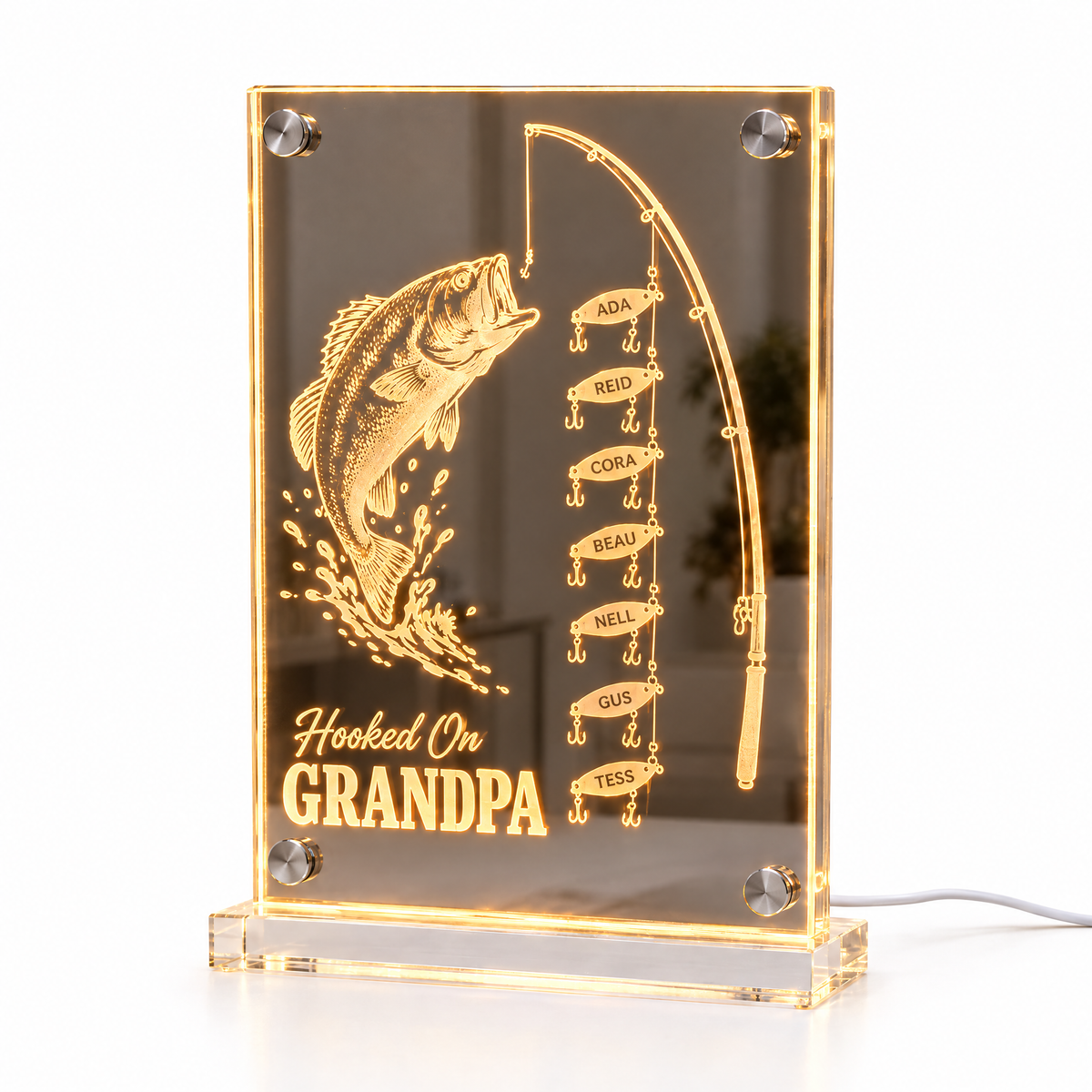 Fishing LED mirror light Hooked On GRANDPA with seven name lures lit amber
