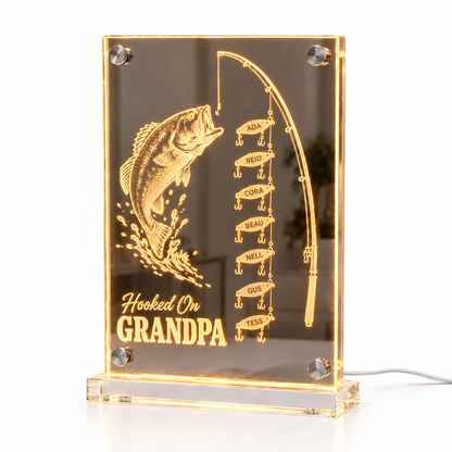 Fishing LED mirror light Hooked On GRANDPA with seven name lures lit amber