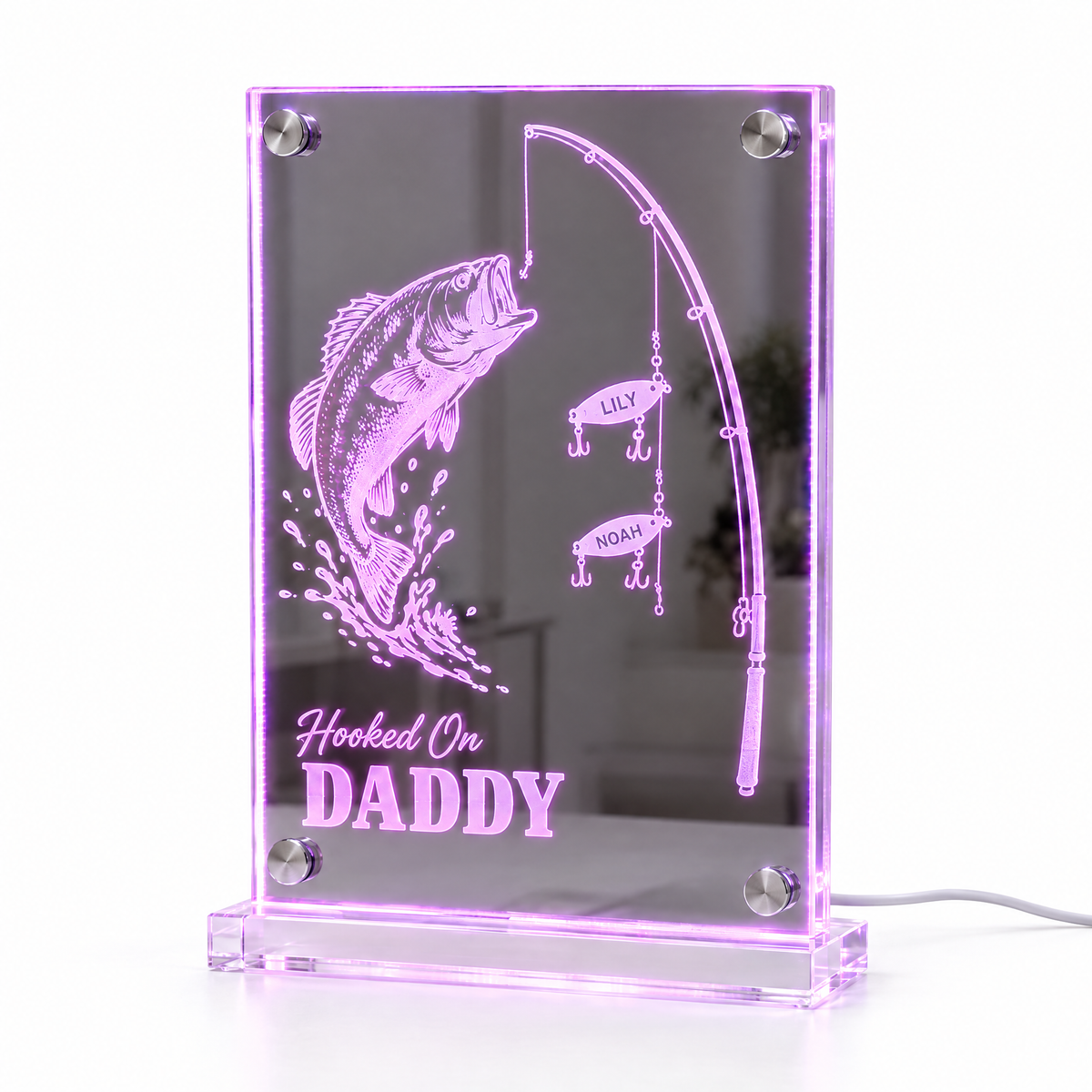 Fishing LED mirror light Hooked On DADDY with two name lures lit pink