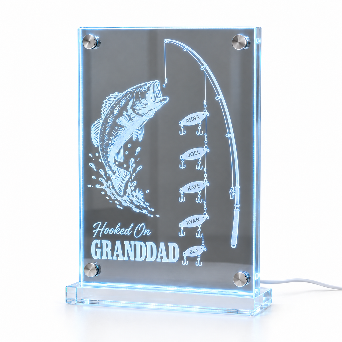 Fishing LED mirror light Hooked On GRANDDAD with five name lures lit white