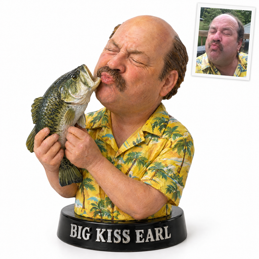 Funny fisherman bust figurine kissing a bass, name BIG KISS EARL
