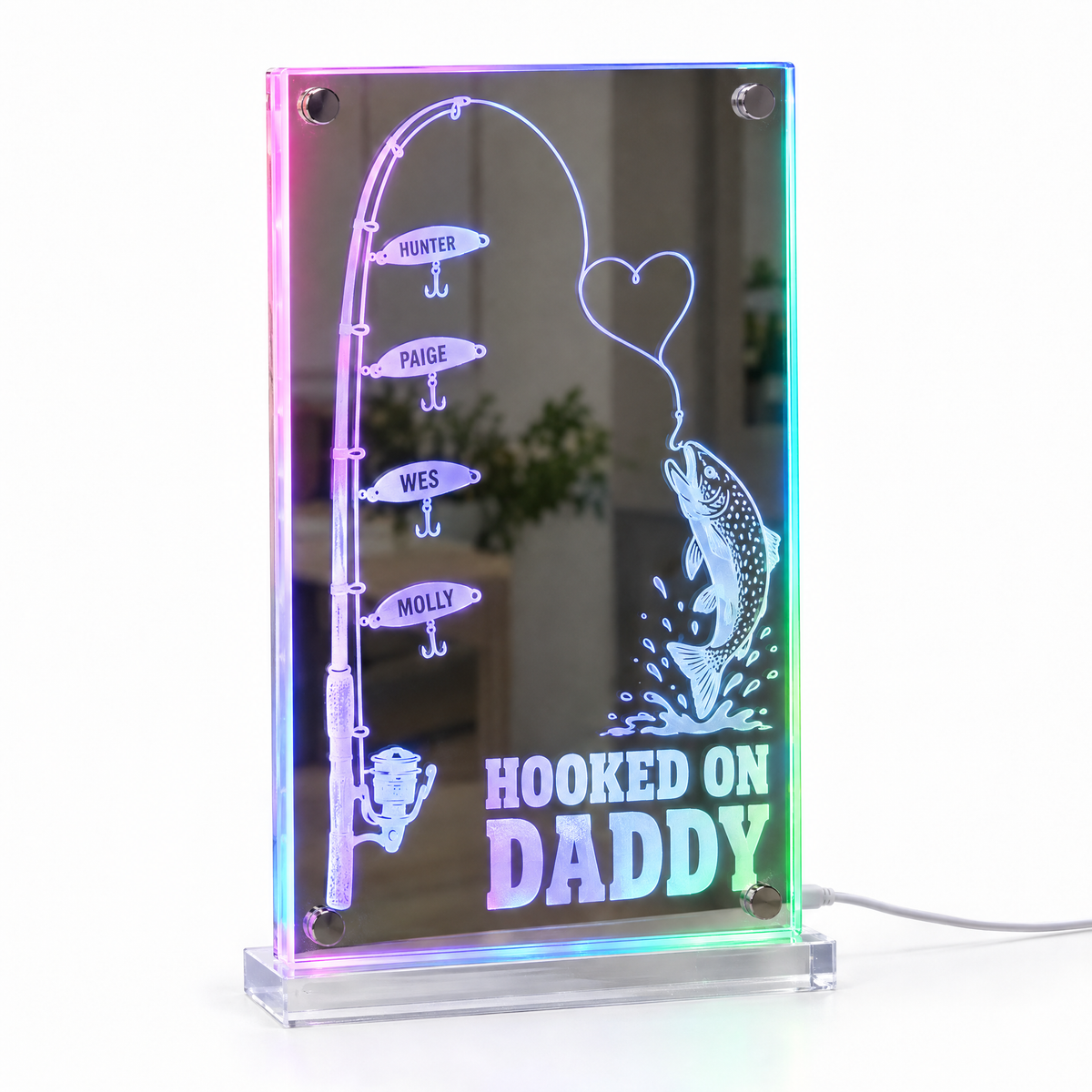 Fishing rod LED mirror light HOOKED ON DADDY with four name lures in rainbow glow