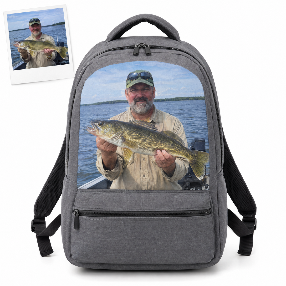 Gray backpack printed with angler photo holding a walleye