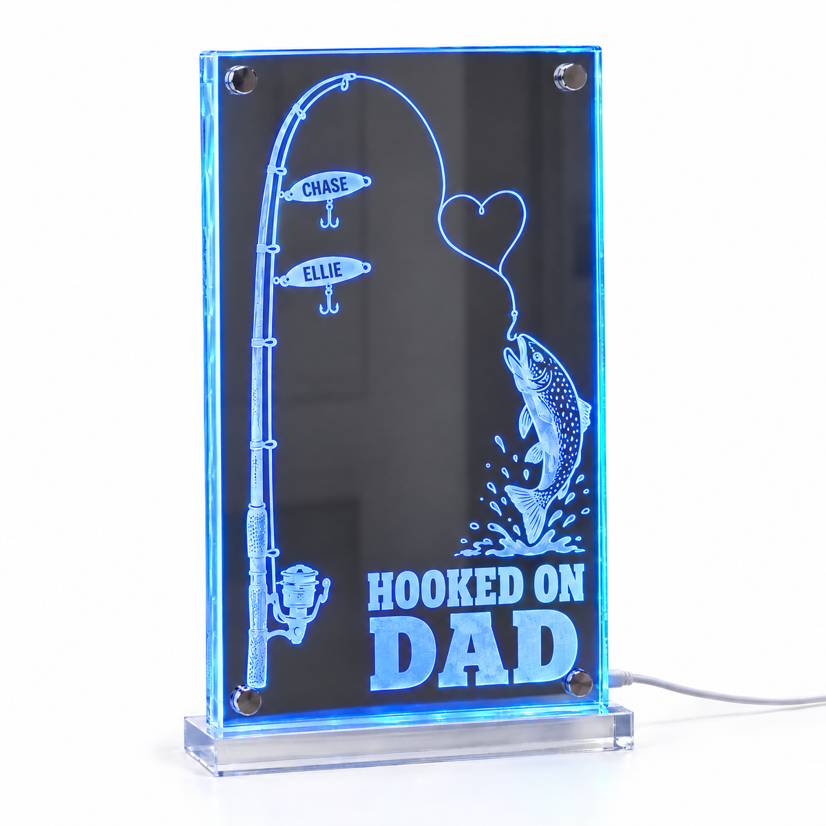 Fishing rod LED mirror light HOOKED ON DAD with two name lures lit blue