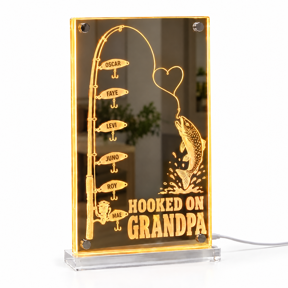 Fishing rod LED mirror light HOOKED ON GRANDPA with six name lures lit amber