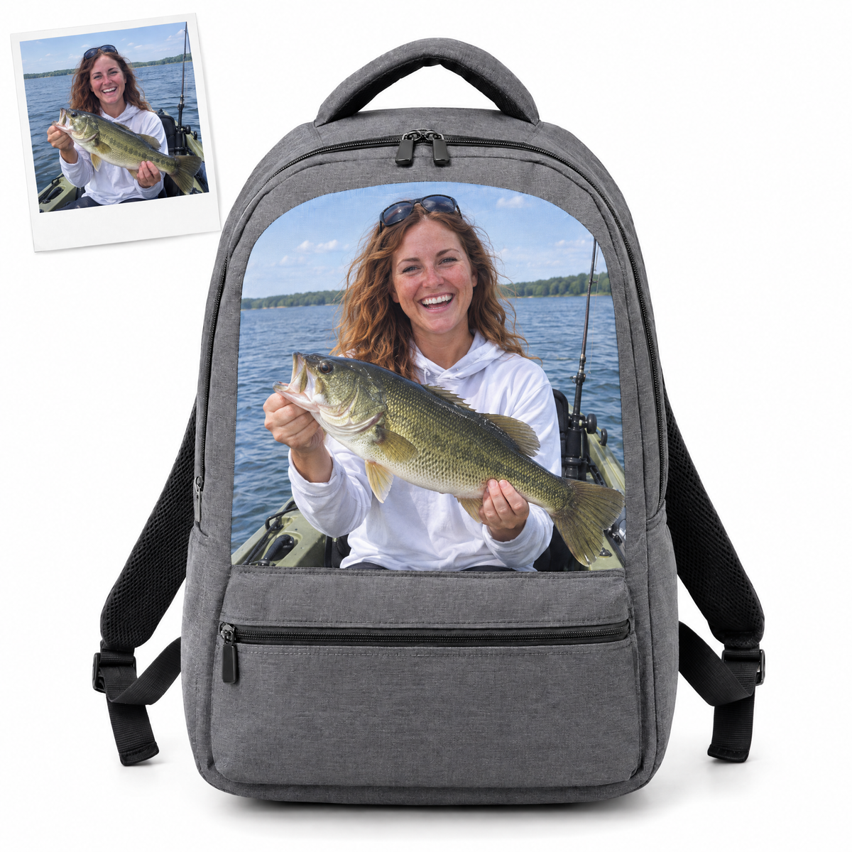 Gray photo backpack with woman angler holding bass