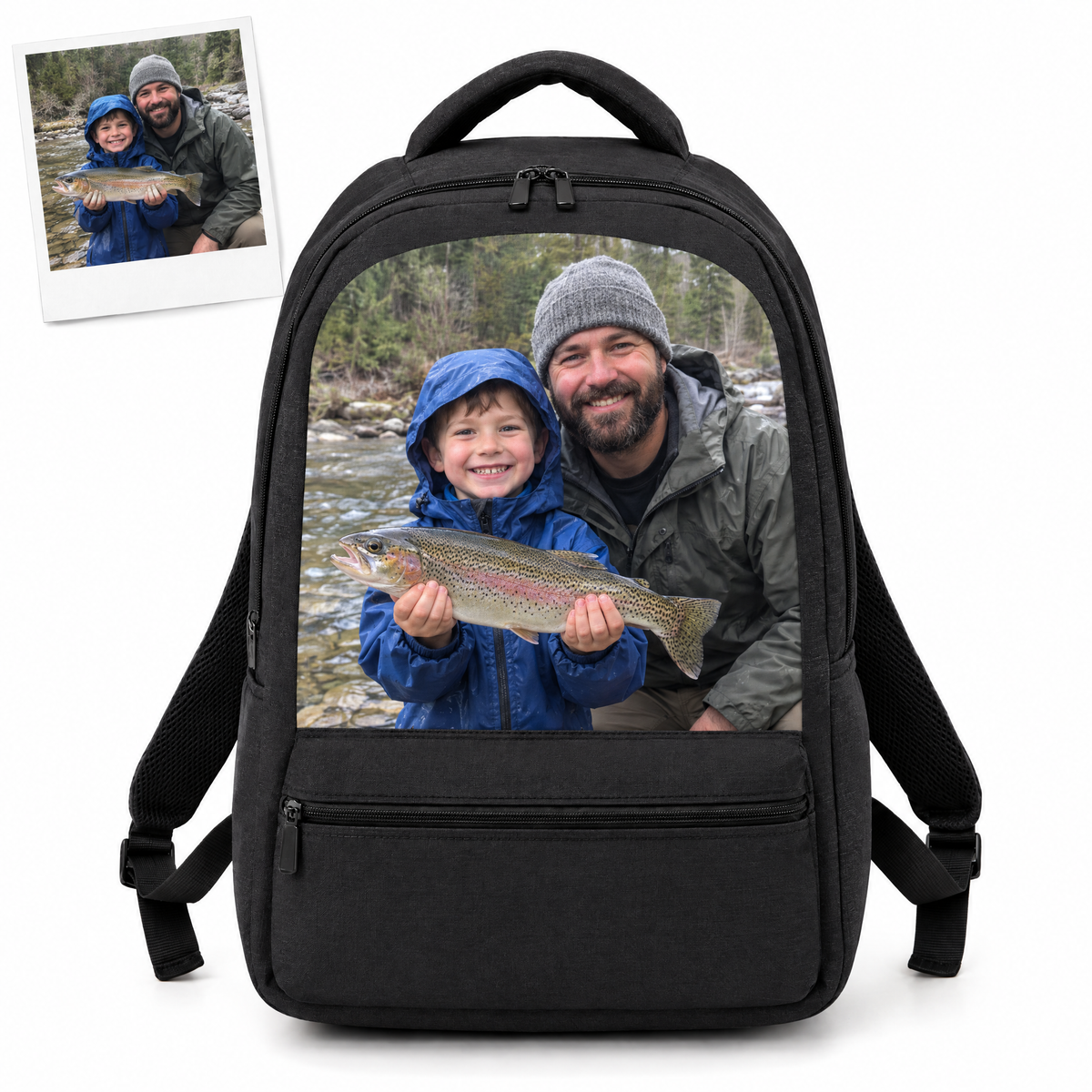 Black photo backpack with dad and son holding trout