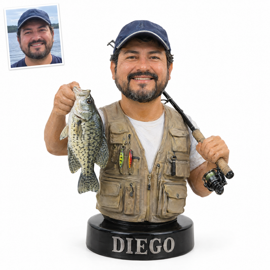Fishing hobby bust figurine with crappie and rod, name DIEGO