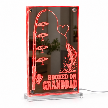 Fishing rod LED mirror light HOOKED ON GRANDDAD with four name lures lit red