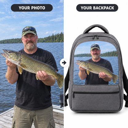 Pike fishing photo printed onto custom gray backpack