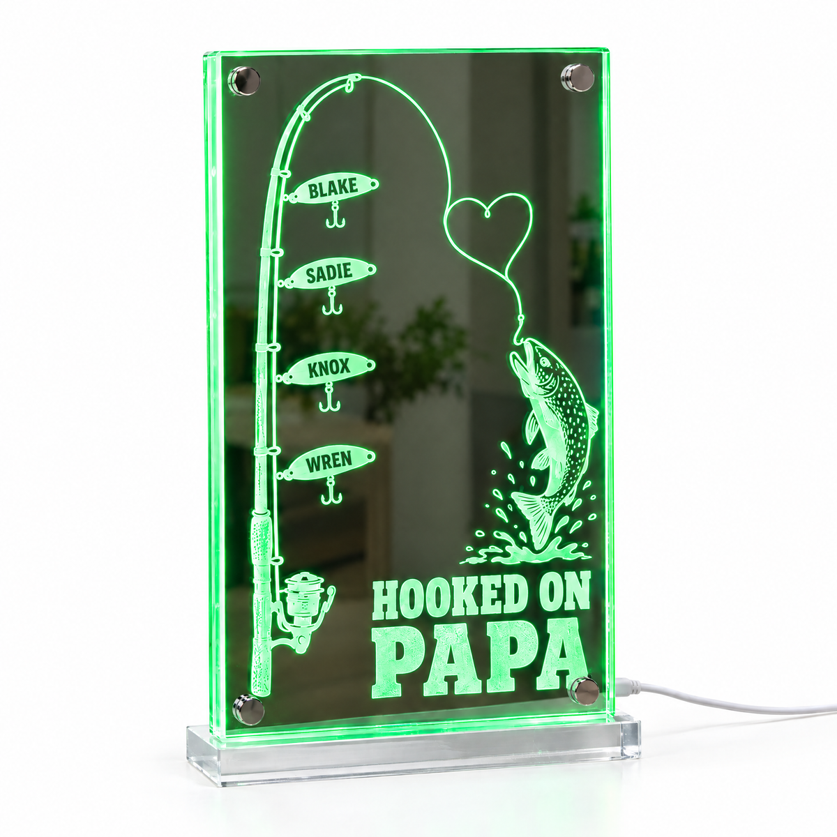 Fishing rod LED mirror light HOOKED ON PAPA with four name lures lit green